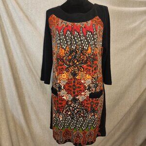 Aryeh Womens L 3/4 Sleeve Shift Sweater Dress Boho Design Pockets Warm Artsy